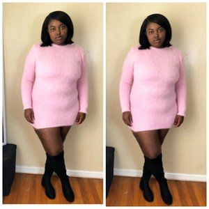 Pink Mini Sweater Dress, Long sleeve Fuzzy Sweater Dress, Pink Mini Dress w/ FUR